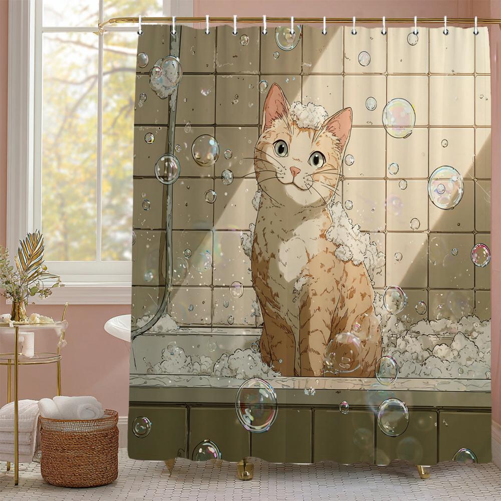 A cute cartoon cat taking a bath Shower Curtain, Bathroom Decorative Shower Curtain, Home printed Shower Curtain with Hooks