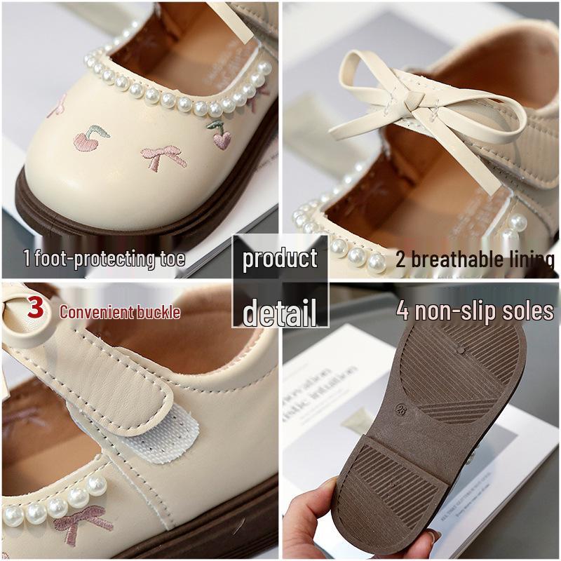 Cherry Leather Bowknot Princess Shoes for Girls - Soft Sole Pearl Trim Flats