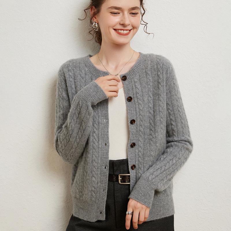 Women's Seven-Stitch Cable Knit Cashmere Cardigan - Long Sleeve, Loose Fit, Slimming, Warm, Round Neck, Single-Breasted