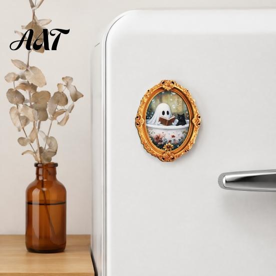 Retro Style Halloween Magnets Vintage Ghost Fridge Magnet, Gold Frame Refrigerator Decoration Holiday Magnet Set with Strong Magnetic Adsorption