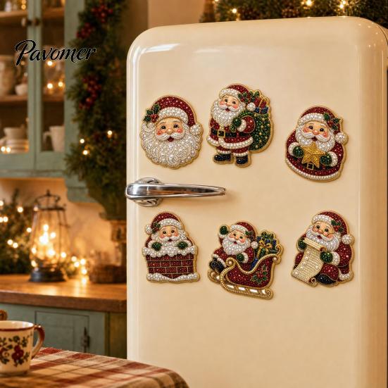 Holiday Home Decorations 6Pcs/Set Fridge Magnets Faux Pearl Art Kit, Christmas Snowman Tree Santa DIY Kits Magnets, Mosaic Refrigerator Decorative for