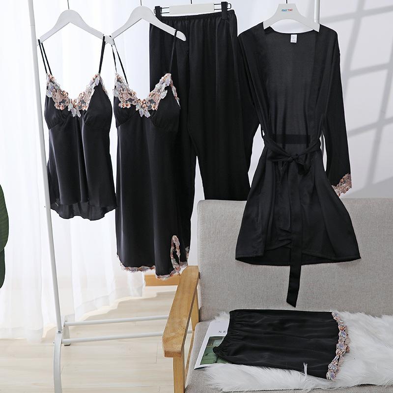 Pajamas women's summer ice silk thin sexy lace suspender nightgown spring and autumn nightgown five-piece silk loungewear