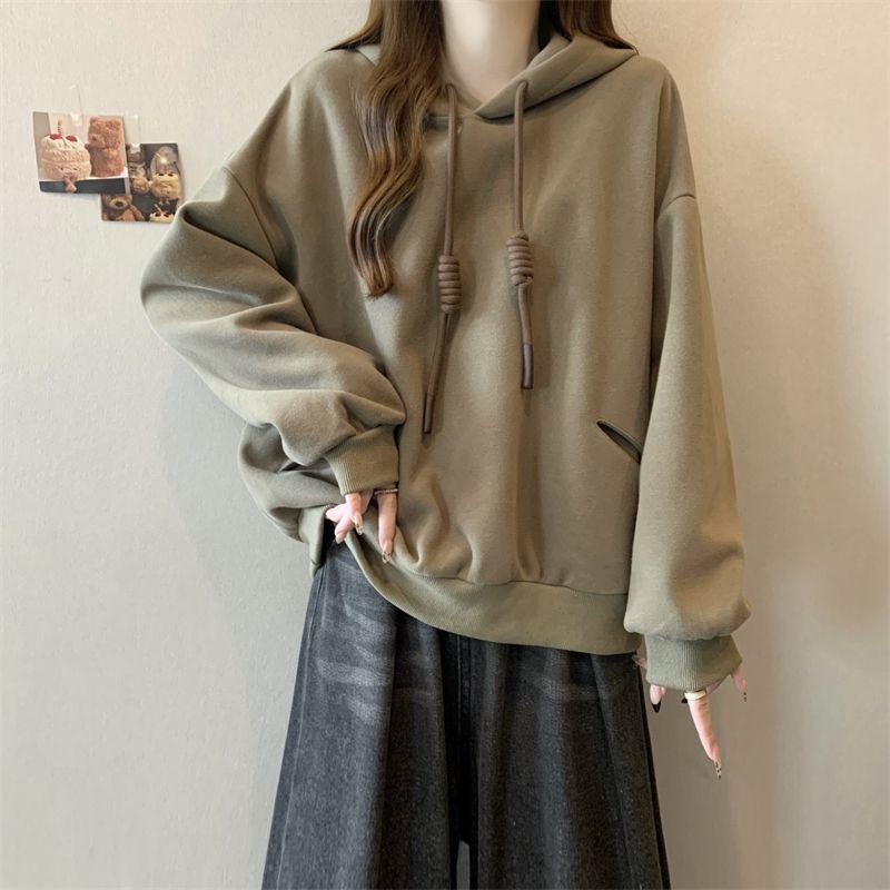 

Женская весенняя толстовка большого размера, свободная, с капюшоном, модная, скрывающая живот, теплая, с длинным рукавом, повседневная и универсальная. M (80-100 jin) хаки