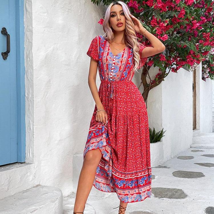 Women Retro Slim Fit Long Print Dress European American Style Summer Green