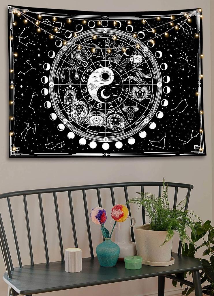 Twelve Constellation TapestryBlack and WhiteSun and MoonYin and Yang Tapestry Mystic Wall Hanging Tapestry for Home Decor