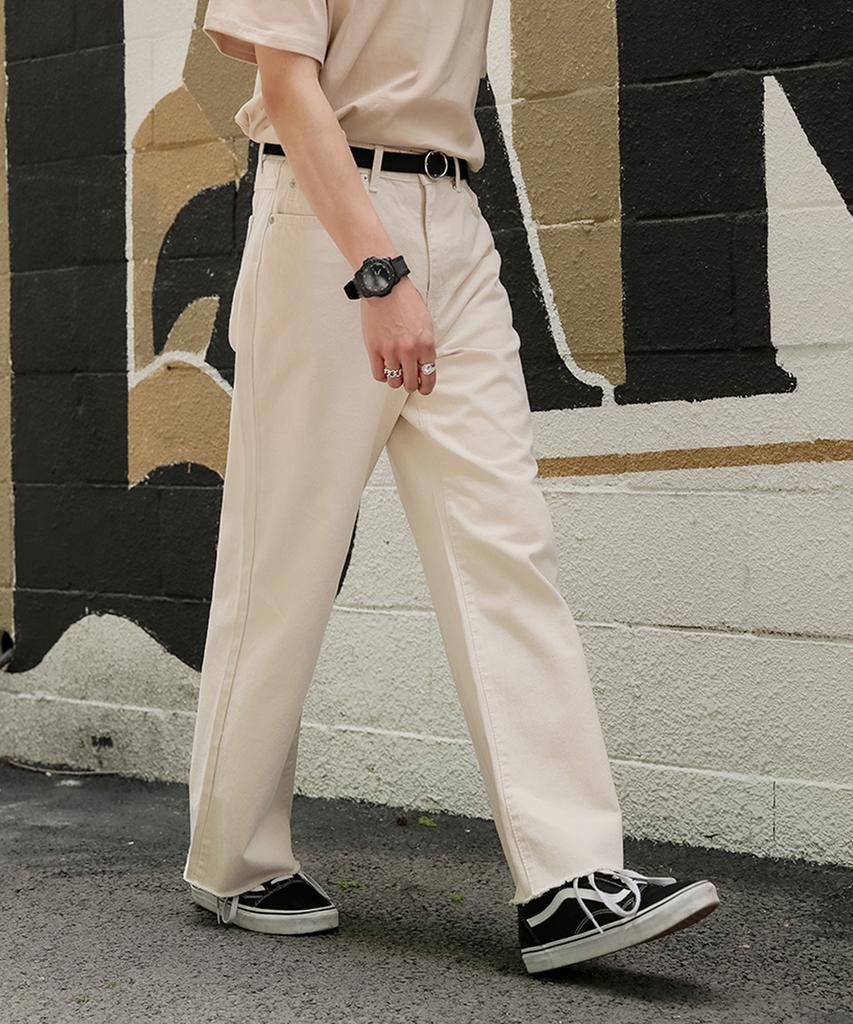 Jikeulib Beige Wide Cotton Pants With Cut Hem