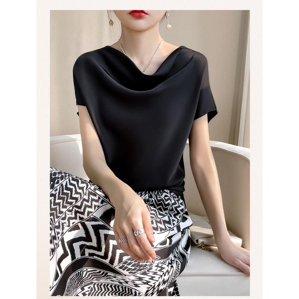Top Corto da Donna in Seta Raso Primavera Estate, T-shirt Elegante Semplice a Manica Corta con Colletto alla Francese, Blusa Casual Taglie Forti