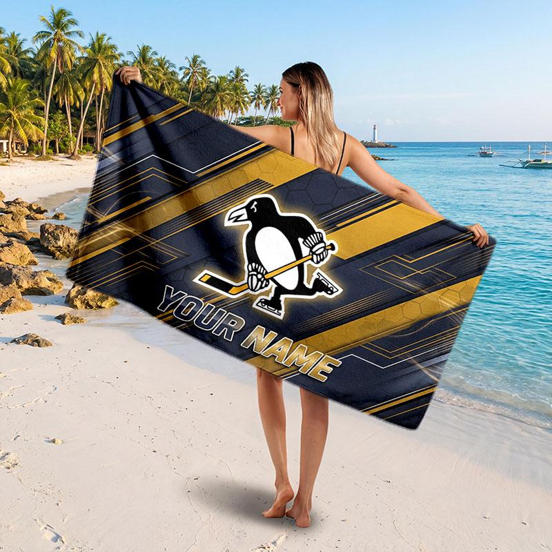 Pittsburgh Penguins Customized Name Text Beach Towel, Soft Absorbent Towel Beach Pool Travel Personal Gift