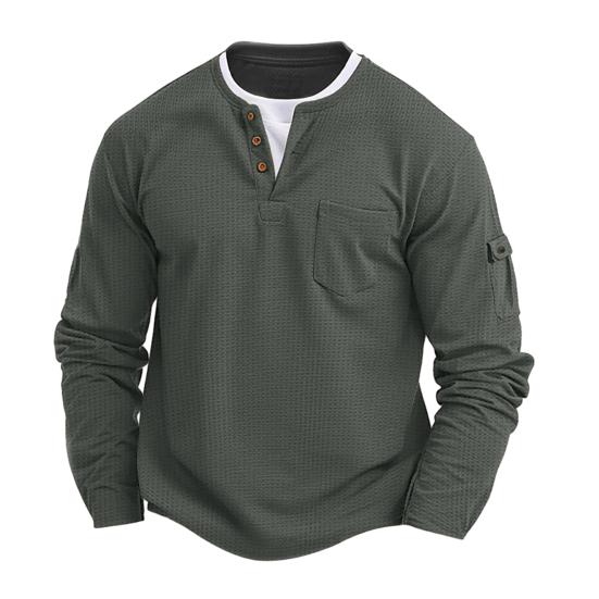 

Men Fake Layered Shirt Long Sleeve Fake Two-Piece Waffle Shirt with Pockets Casual Loose Fit Textured Pullover for Sports Travel Office Street S сірий