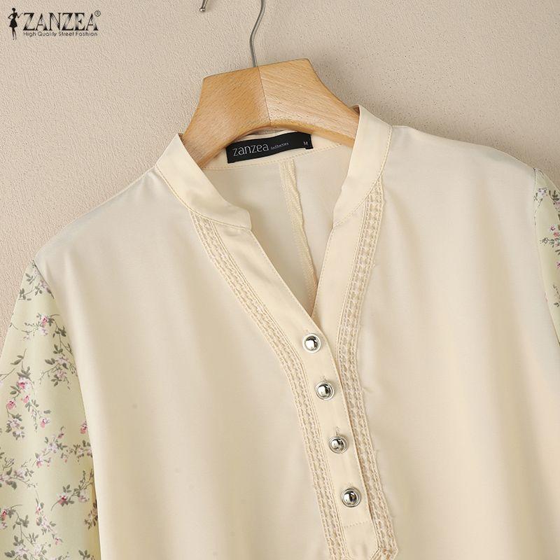 ZANZEA Women Casual V-Neck Print Splice Loose 3/4 Sleeve Blouse