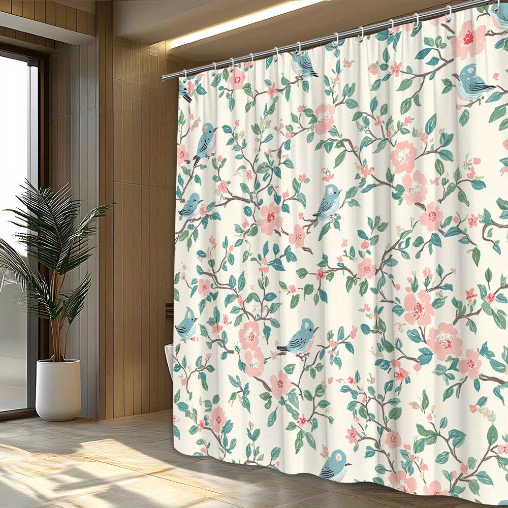 Vintage Style Light Blue Bird and Pink Flowers Shower Curtain - Modern Simple Polyester Fabric Bathroom Decor with Hooks