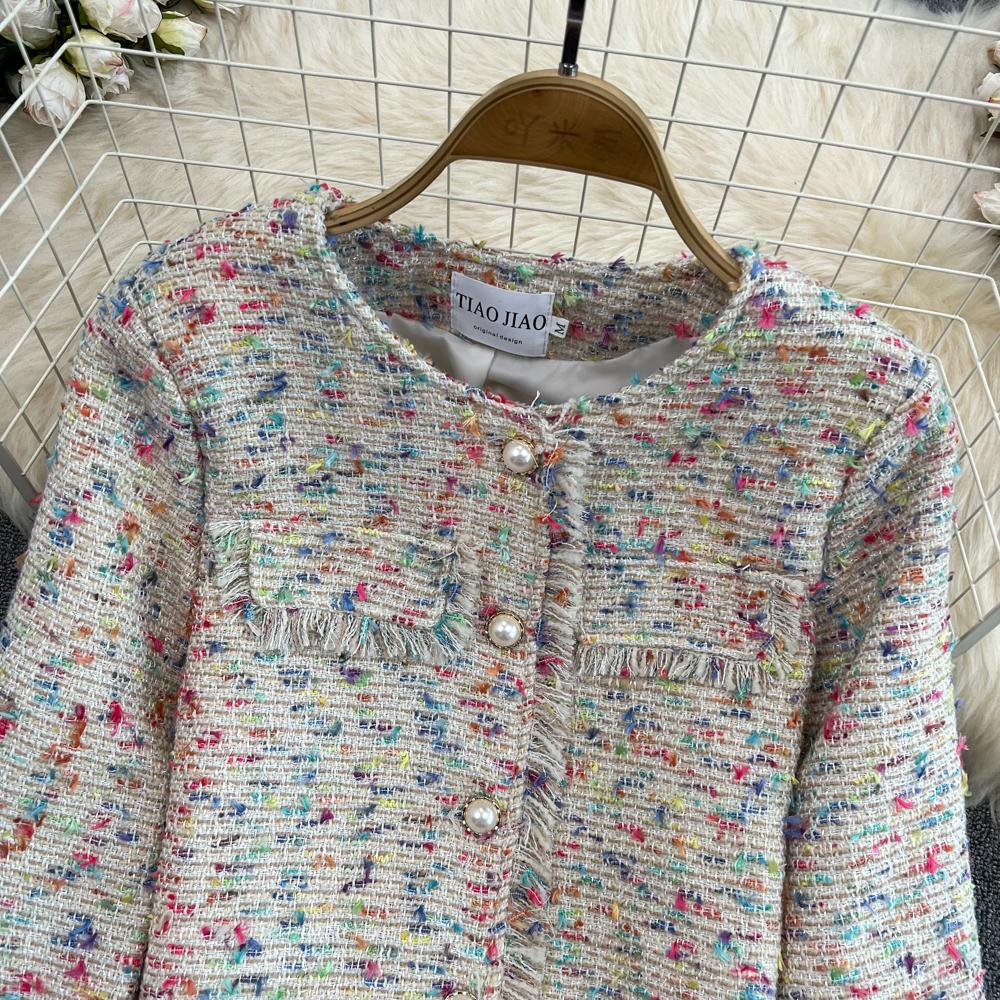 Autumn Winter Fashion Sweet Girls Print Tweed Jacket Coat Women Long Sleeve Tassel Outerwear