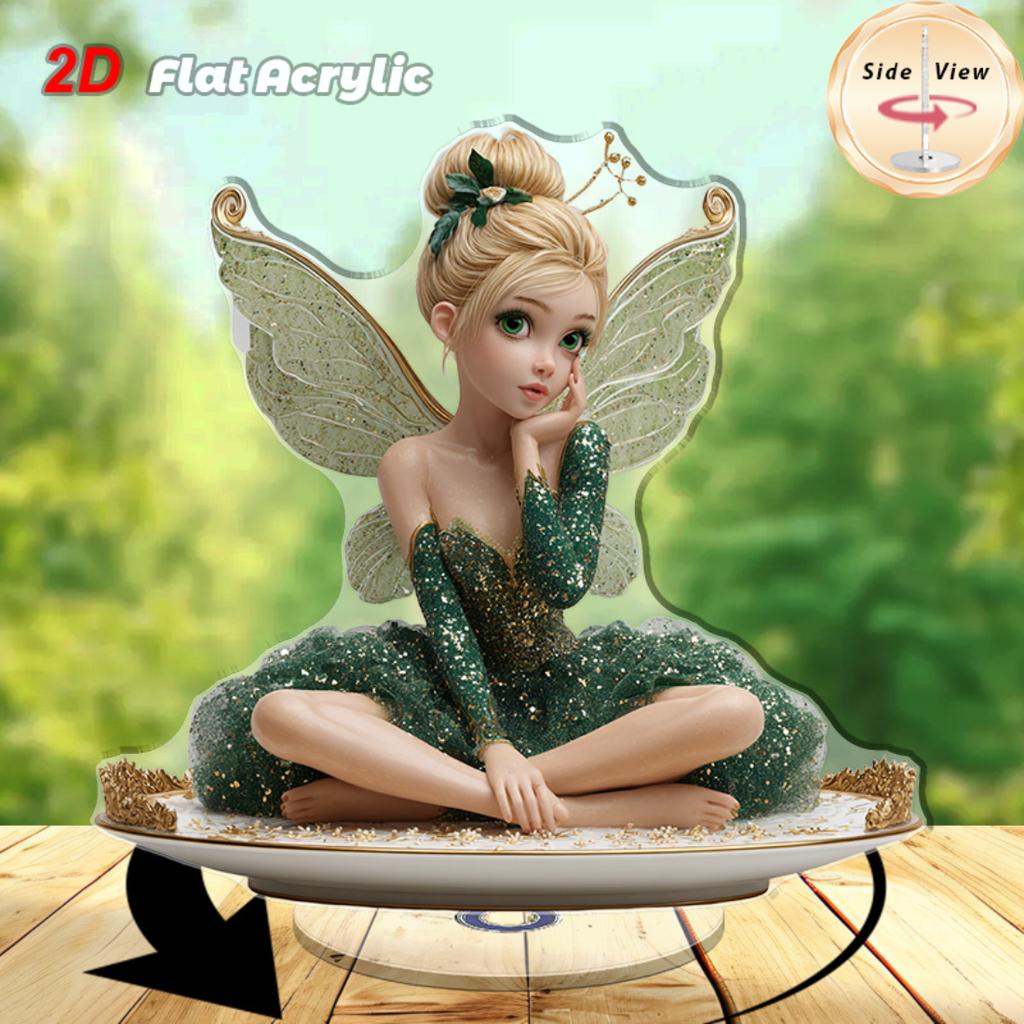 2D Flat Rotatable Acrylic Tabletop Ornament Fairy Figurine On Exquisite Plate With 360 Degree Rotating Base