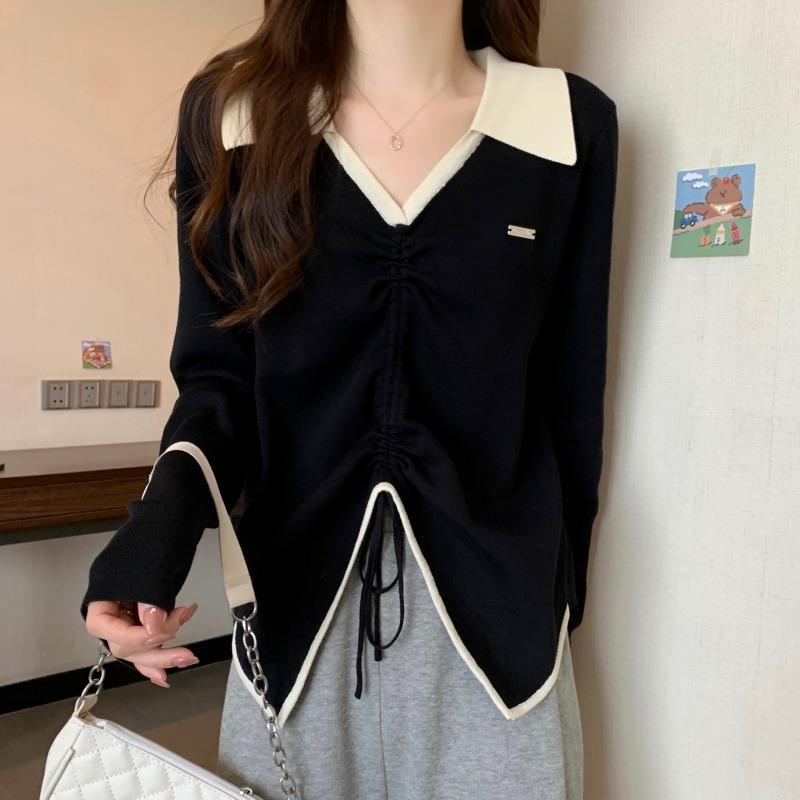 

Женский весенний вязаный свитер с воротником-поло большого размера, утягивающий короткий топ с нерегулярной шнуровкой 3XL чёрный