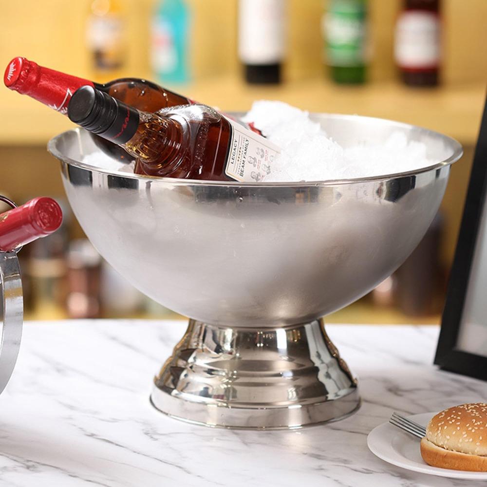 Large Ice Bucket 13L Stainless Steel Champagne Bowl Ice Bucket with Ice Scoop Semicircle Drink Tub with Integrated Base Silver Beverage Tub