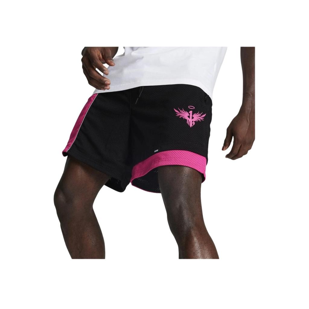 Puma X Lamelo Collaboration Color Block Lace-Up Mid-Rise Casual Shorts Men Shorts Black Bright-Pink 623288-01