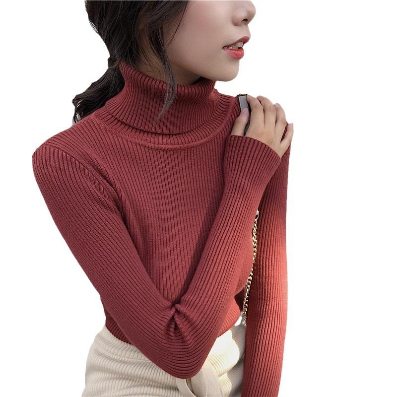 Women's Autumn Winter High Neck Slim-Fit Knit Base Layer Top In Apricot and White One Size