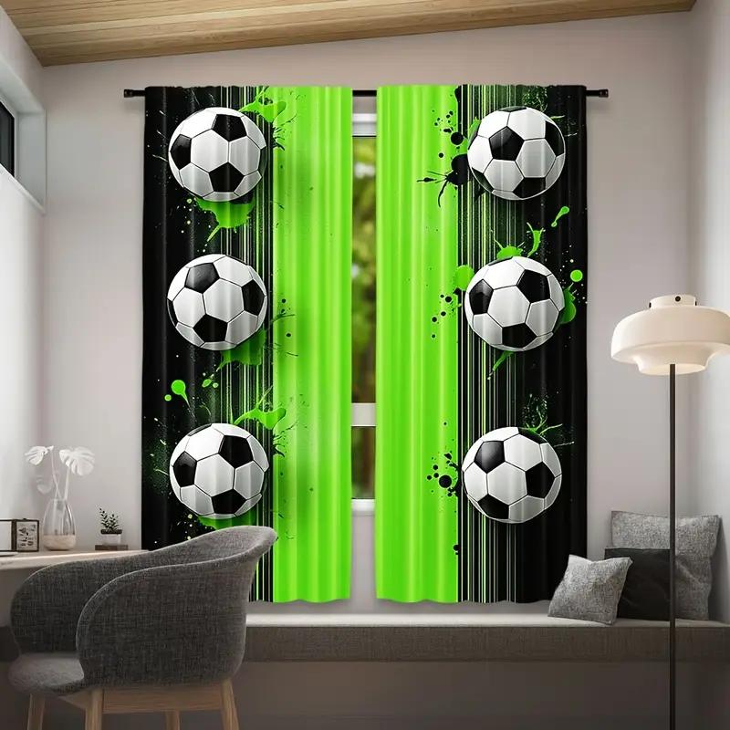 Set Of 2 Sporty Soccer Ball Printed Curtains Designed Quality Material Ideal Sports Enthusiast Home Windo Curtain With Semi Sheer Polyester