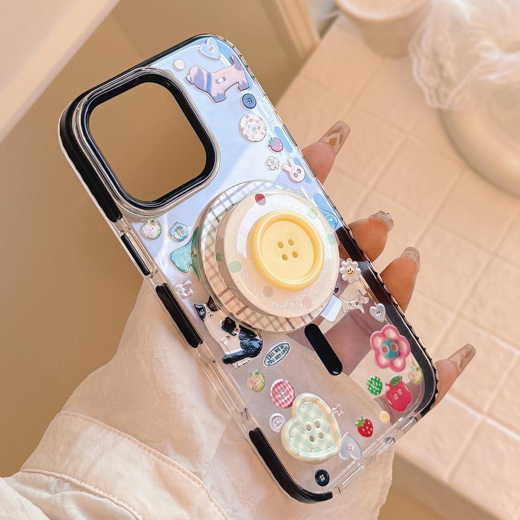 Three Dimensional Button 16Promax Flash Powder Magnetic Suction Bracket IPhone 15 Mobile Phone Case 14 Suitable for 13 Cartoon Doodles 11