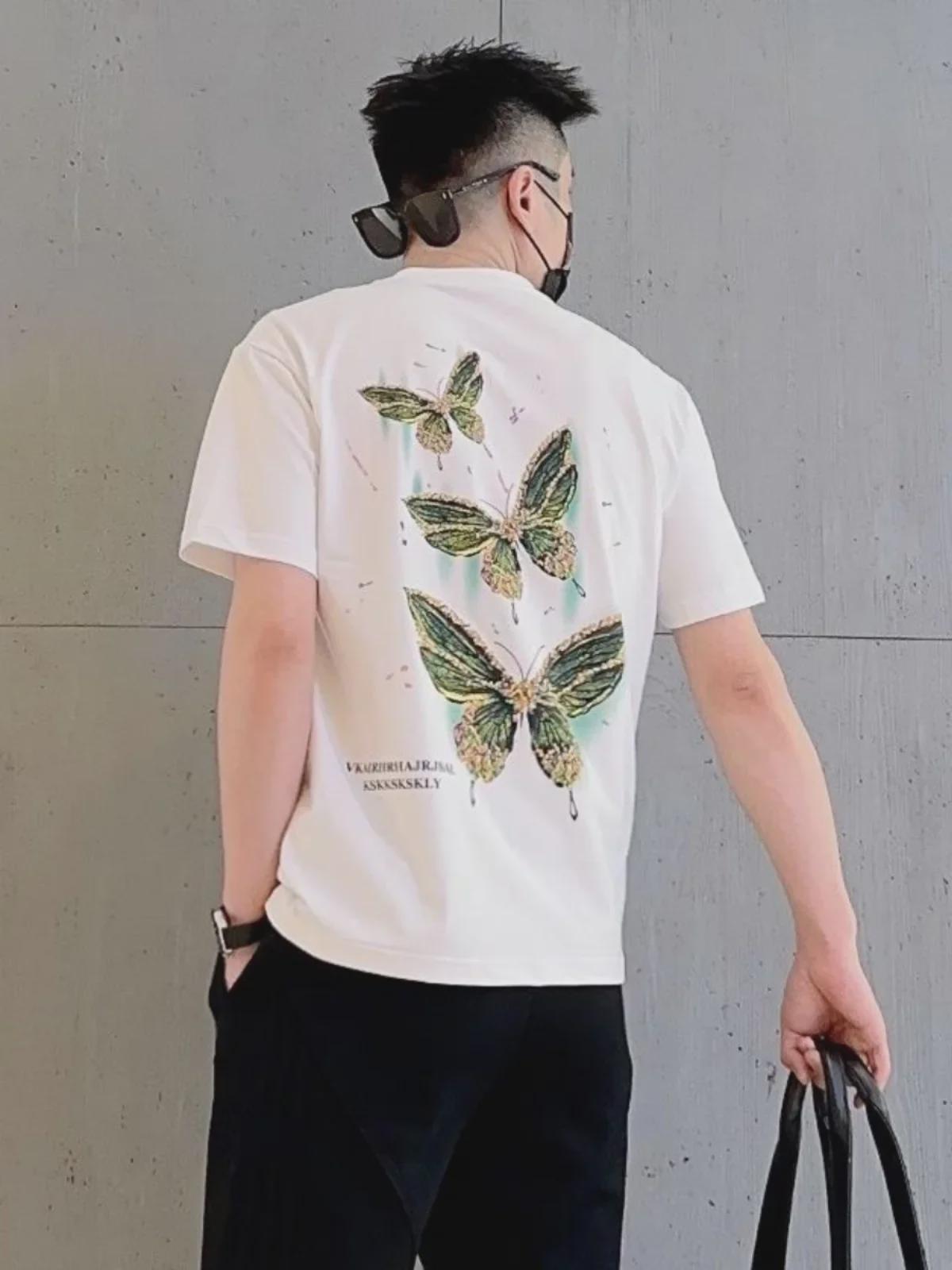 

Футболка мужская летняя 2024 года с коротким рукавом и принтом в виде бабочек, в корейском стиле для пар XXXXL белый