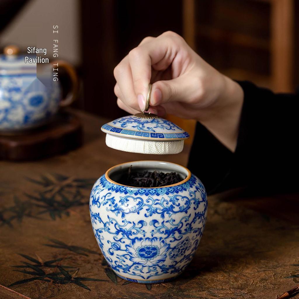 Ru Ware Blue & White Ceramic Tea Caddy: Moisture-Proof Chinese Style Sealed Storage for High-Grade Green, White, and Pu'er Tea.