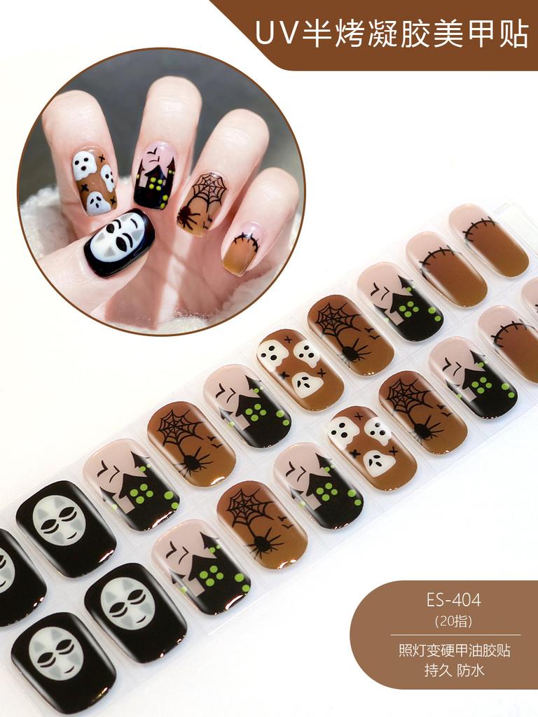 20 Pcs Halloween Christmas UV Semi Cured Gel Nail Stickers Self Adhesive Long Lasting Popular Nail Art Wraps
