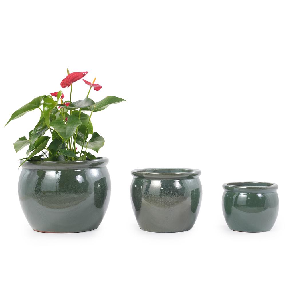 Handmade ceramic plant pot set, 3-piece (Ø 37/30/23 cm), glossy antique blue-green with speckled glaze, frost-resistant, with drainage holes