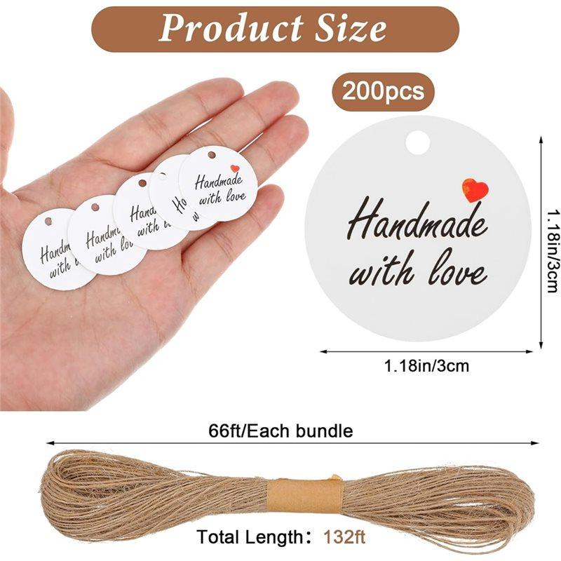 CYCLI-Handmade With Love 200Pcs White Paper Gift Labels, For Home Crafts, Candles Tins, Weddings With 1.2" Round Tags& Twine Str