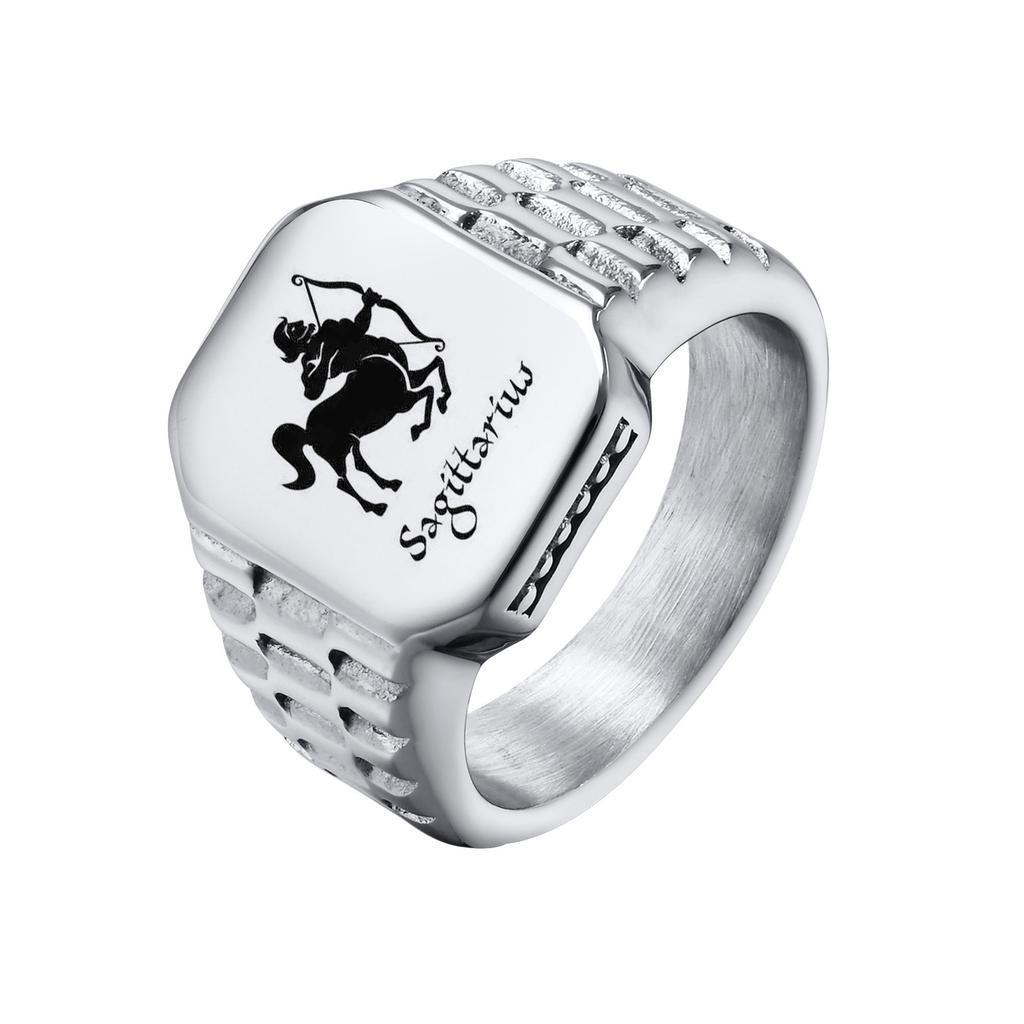 Free Custom 12 Zodiac Signet Rings for Men,Personalized Stainless Steel Finger Birthday Gift To Dad Father Husband Son
