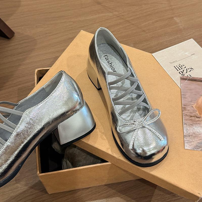 Round head bow silver small leather shoes women's autumn and winter new French with skirt Mary Jane shoes thick heel single shoes