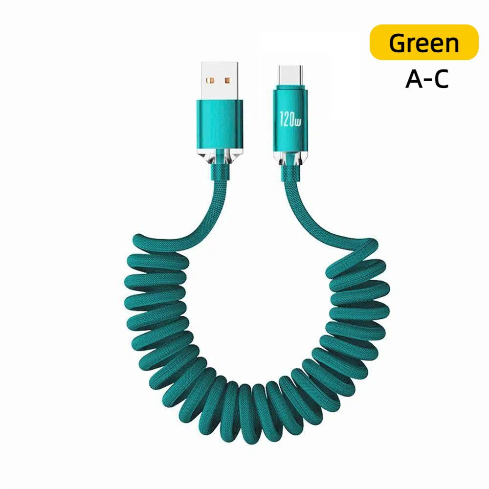 111W Car USB A to Type C Cable Spring Telescopic Fast Charging Cable USBC to C for iPhone 17 16 Samsung Xiaomi Huawei