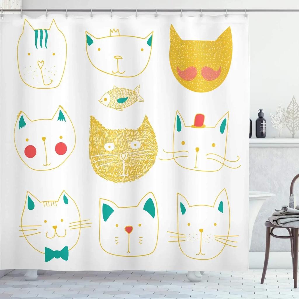Funny Little Cat Dog Bathing Shower Curtain Cartoon Animals Printed Bathroom Curtain Set Waterproof Polyester Fabric Bath Screen