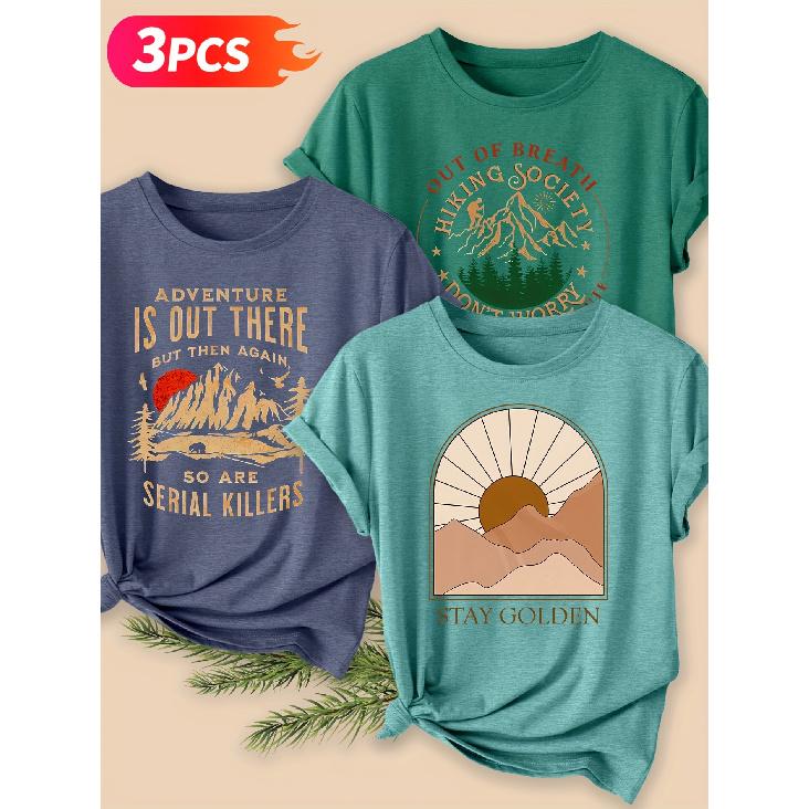 Three-piece set Elegant short-sleeved dress for women Adventure and Outdoor Theme Printed Crew Neck Summer Clothing T Shirt Suitable for spring S