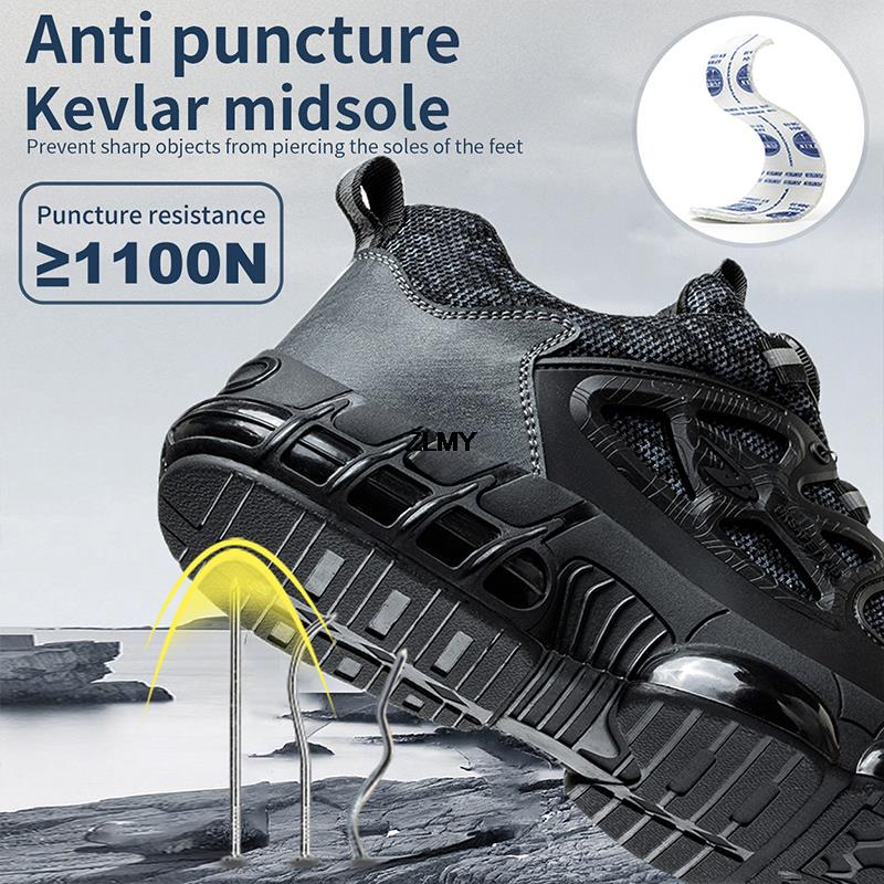 Zapatos de seguridad con botón giratorio para hombre, zapatillas con punta de acero, zapatos de trabajo con cojín de aire, botas de seguridad protectoras para el trabajo a prueba de perforaciones