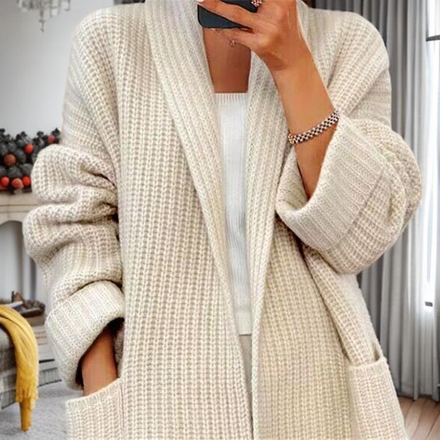 Women's Autumn Winter New Thick Solid Color V-Neck Knit Cardigan Loose Pocket Sweater Coat for Women