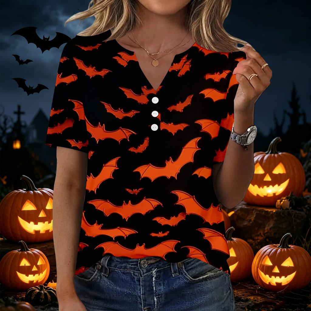 Women's Casual Halloween Print V Neck Button Front Three Quarter Sleeve T Shirt Top for Everyday Wear