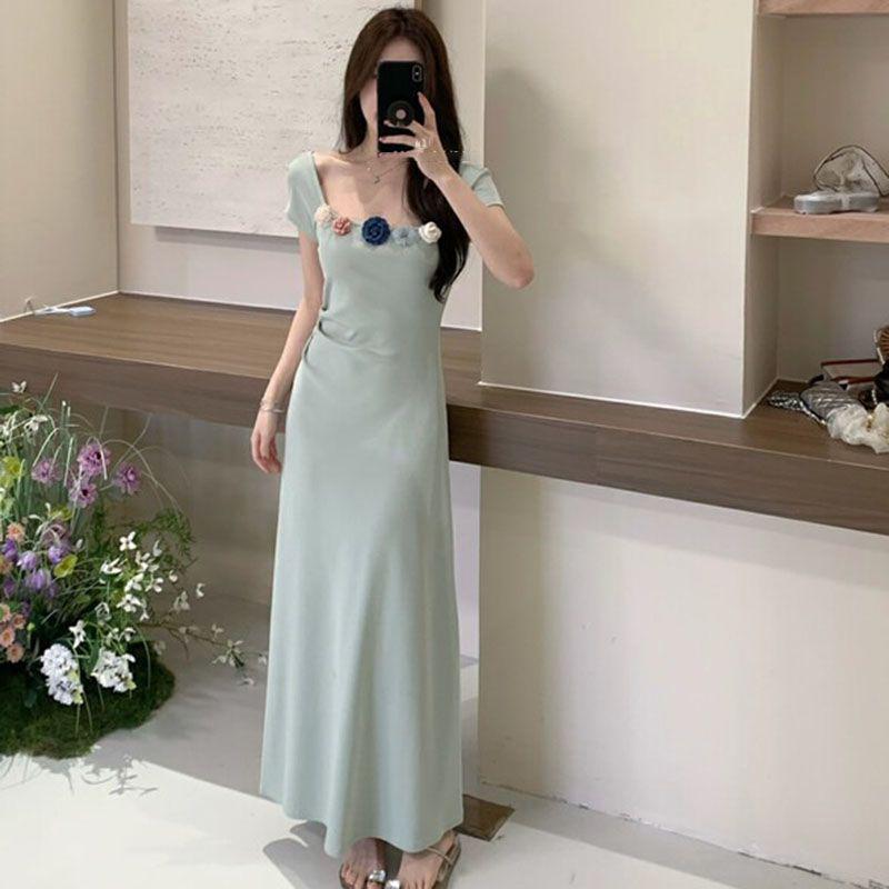 Blue A-Line Summer Dress with Three-Dimensional Flowers, Square Neck, Waist-Slimming Design for Women