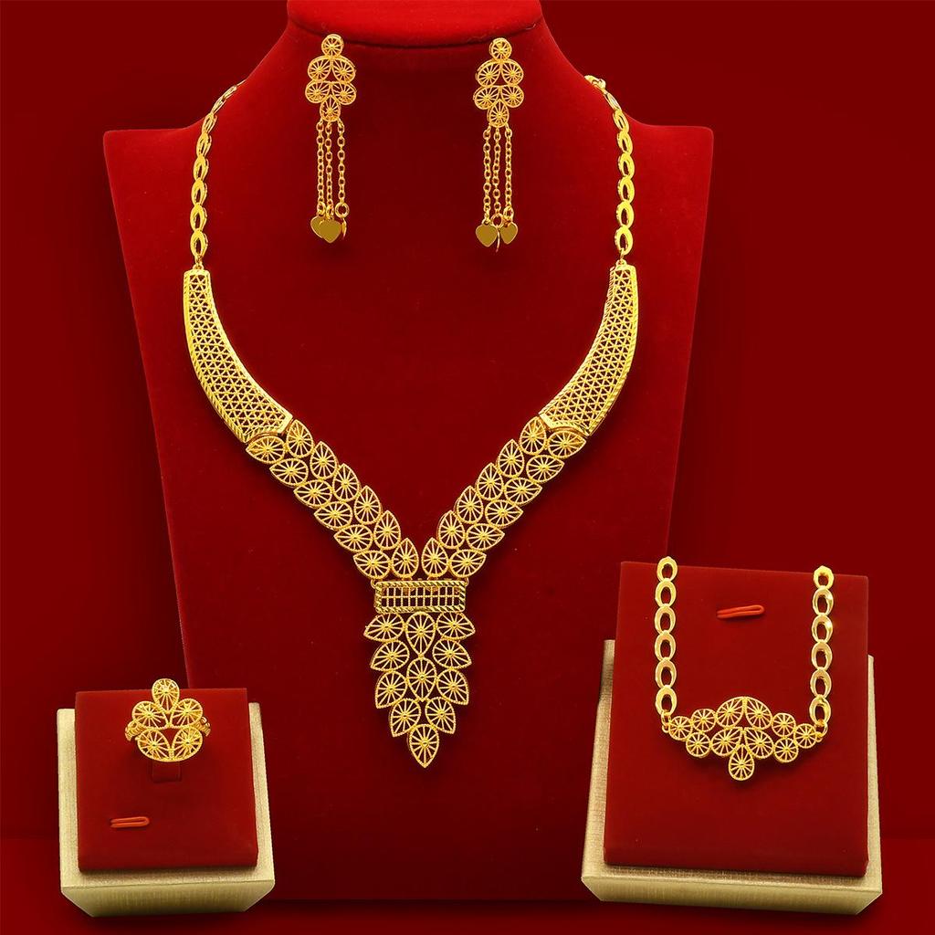 Dubai Wedding Jewelry Set: Ethnic Brass Gold-Plated Necklace, Earrings, Ring, and Bracelet.