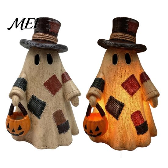 Rustic Fall Home Decor Lighted Patchwork Ghost Resin Figurine with Pumpkin Lantern, Farmhouse Style Halloween Thanksgiving Table Decorations Tabletop
