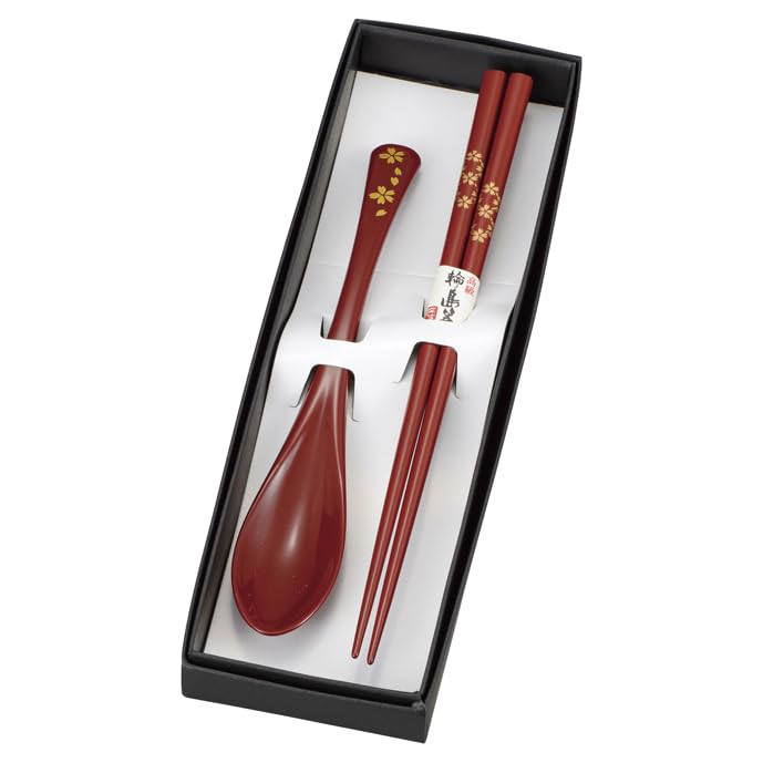 Mitani Yamanaka Lacquerware Wajima Chopsticks and Spoon Cherry Blossom Sakura (Mitani) Set, (Red) M18118-0