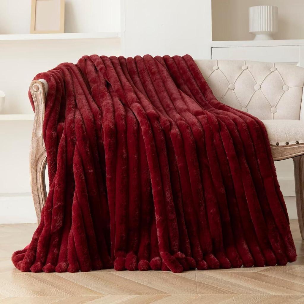 Ultra-Soft Faux Rabbit Fur Striped Throw Blanket - Double-Layered for Warmth, Ideal for Sofa or Bedroom.