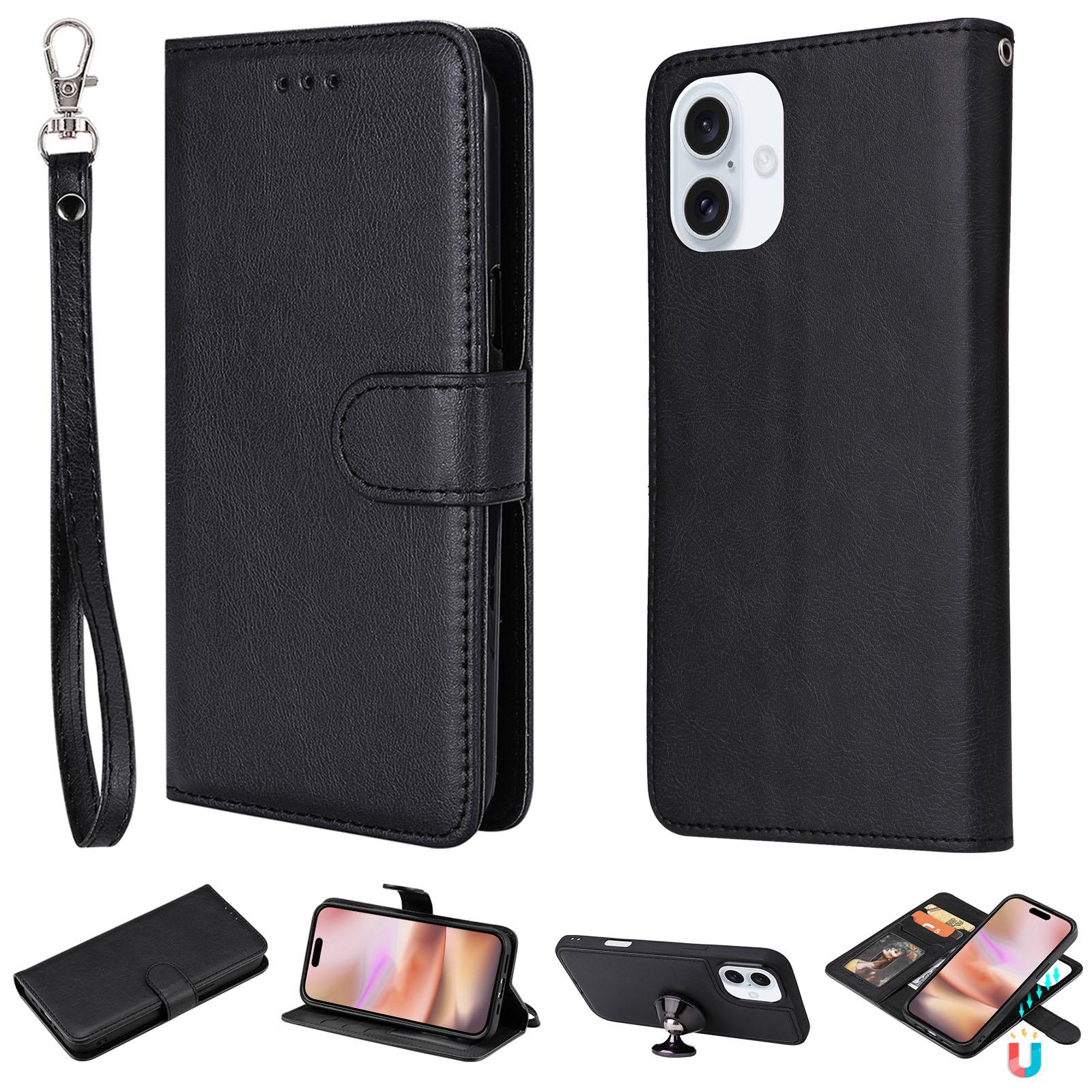 

For iPhone 16 Plus Case 2 in 1 Detachable Magnetic Leather Wallet Mobile Cover with Strap Black