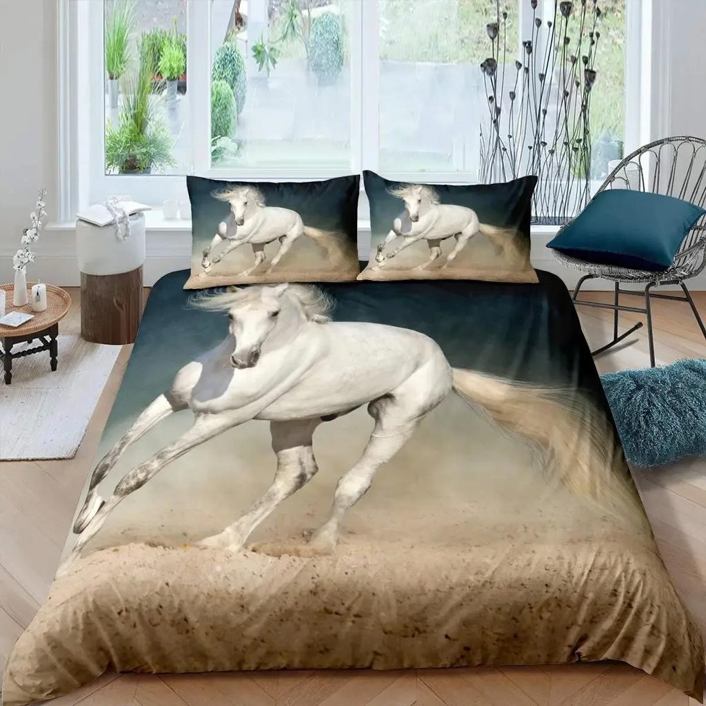 White Horse Duvet Cover Set Queen Size 3D Steed Print Bedding Sets Wildlife Comforter Cover Animals Bedspread Cover Quilt