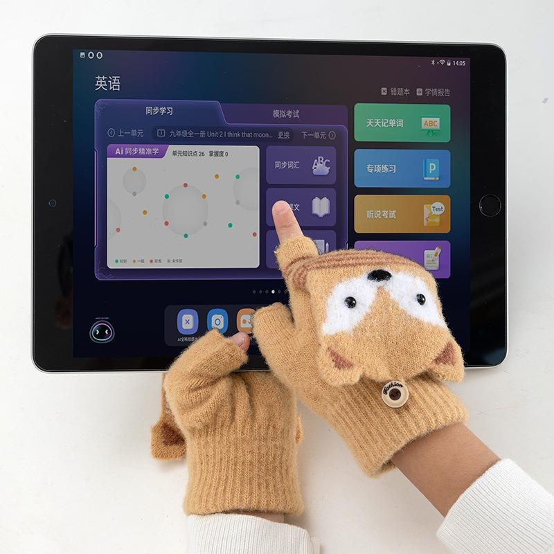 Wool winter warm flip cold cartoon cute little fox knitted primary school students writing children half-finger gloves