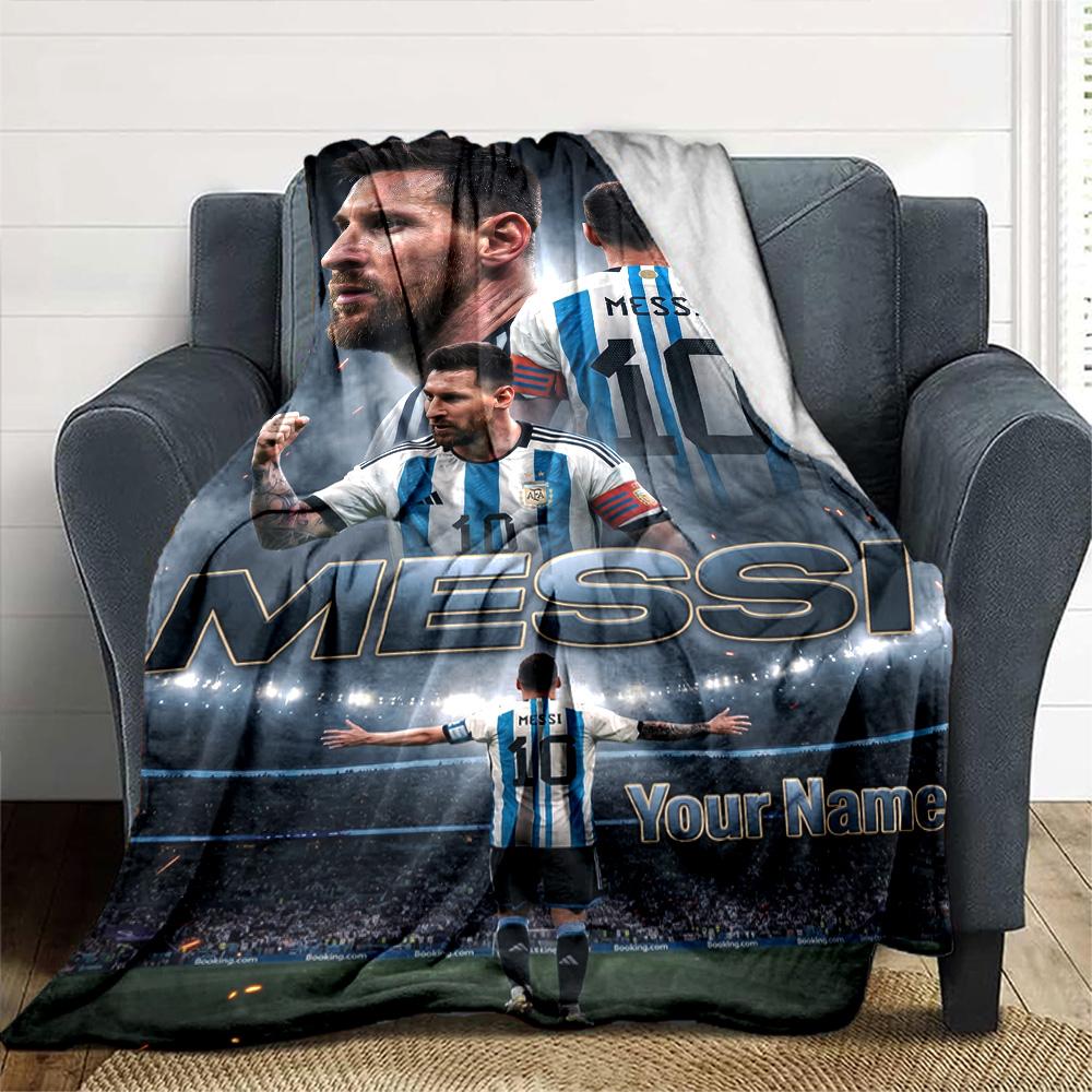 Football Messi Personalized Text Blanket Gift Customizable Blanket Soft Warm Cozy Throw For Picnics Nap Bed Sofa Ideal for All Seasons