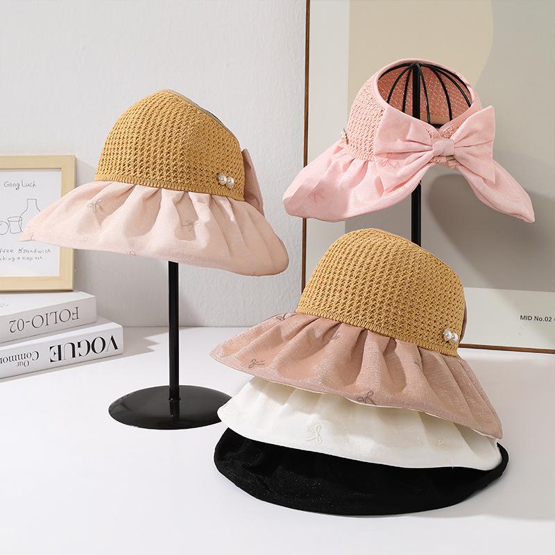 Hat women's summer new high-end pearl decoration knitted grass top sun hat outdoor sun protection empty top sun hat
