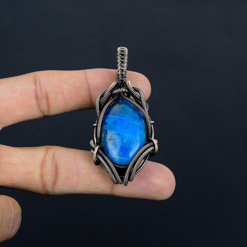 Neon Blue Apatite Gemstone Pendant 999 Copper Wire Wrapped Jewelry, Handmade Antique Pendant Jewelry, Gift For Mother