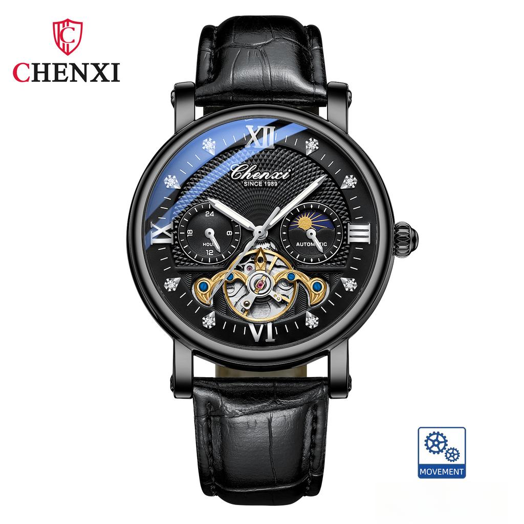 CHENXI Fashion Automatic Mechanical Watch Sun Moon Phase Tourbillon Waterproof Leather Strap Alloy Case Men's Watch