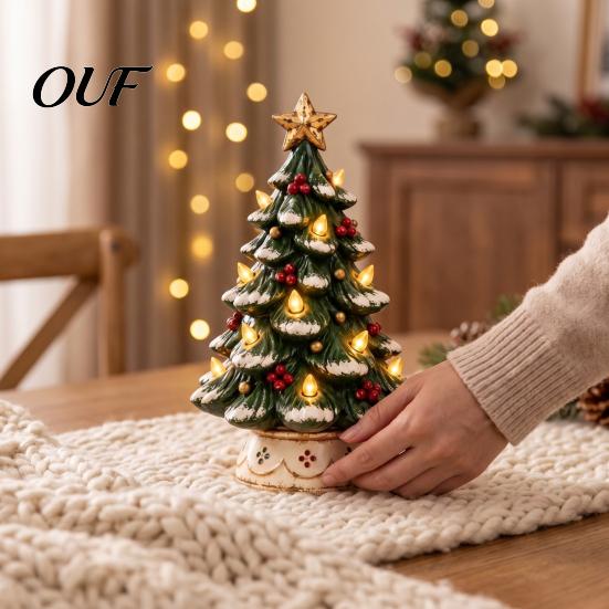 Energy Saving LED Night Light Lighted Christmas Tree Tabletop Decor, Resin Artificial Xmas Ornament Portable Bedside Decorative with Warm Glow,