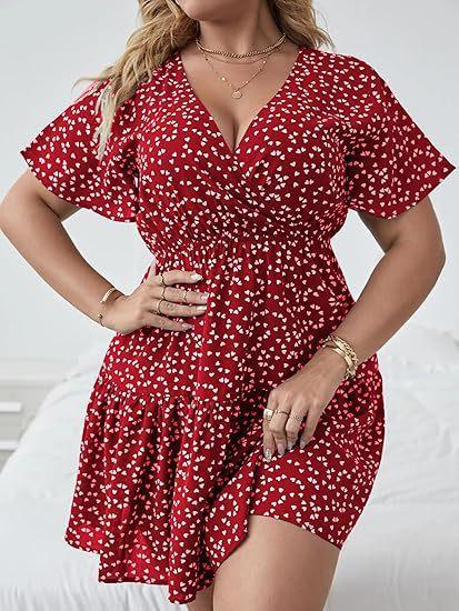 Women's Plus Size V-Neck Ruffle Edge Short Sleeve Wrap Printed Dress